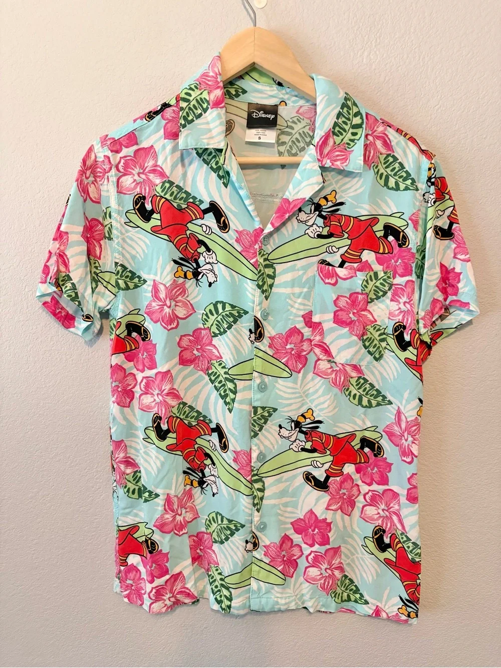 Disney Light Blue & Pink Goofy Surfing Hawaiian Shirt
